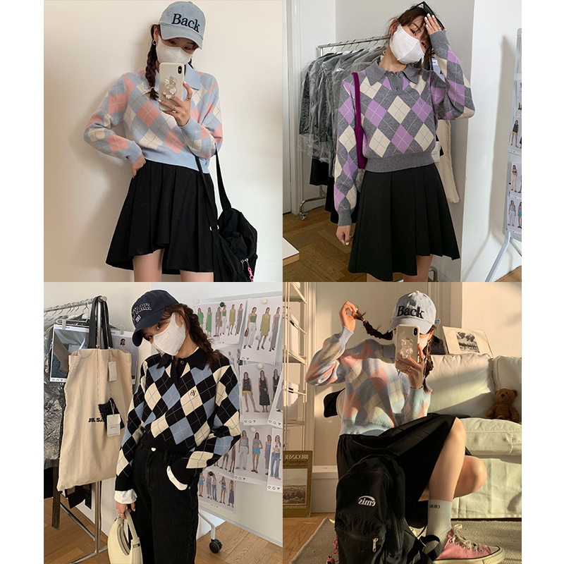 EAL春季菱格撞色短款套头毛衣楠涛POLO领针织衫上衣女