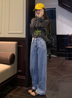 EAL高腰阔腿牛仔裤女2025设计感秋季休闲小众蓝色垂感显瘦直筒裤