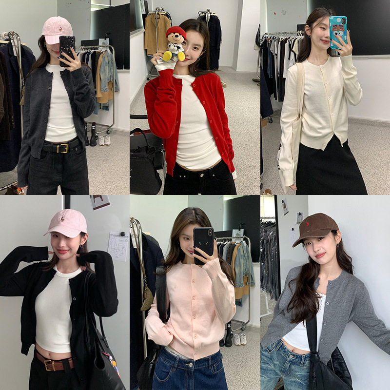 EAL羽迹圆领针织开衫女学院风刺绣毛衣设计感百搭减龄长袖上衣