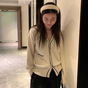 撞色V领宽松毛织外套ST262 女2025春季 EAL楠涛韩版 慵懒针织开衫