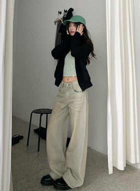 EAL复古水洗磨破做旧色牛仔裤女秋季新款设计感低腰显瘦拖地长裤