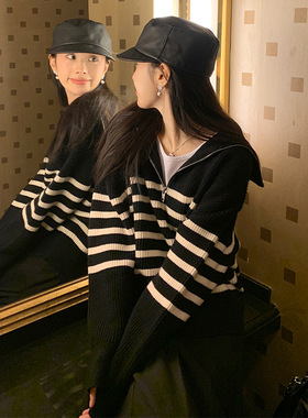 EAL复古拉链翻领减龄撞色条纹针织衫2025秋冬宽松加厚洋气毛衣女