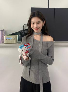 EAL辣妹挂脖一字肩针织打底衫女秋季设计感修身显瘦性感露肩上衣