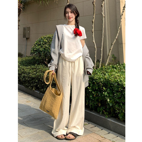EAL褶皱肌理松紧腰奶皮裤女2024慵懒阔腿拖地宽松薄款楠涛休闲裤