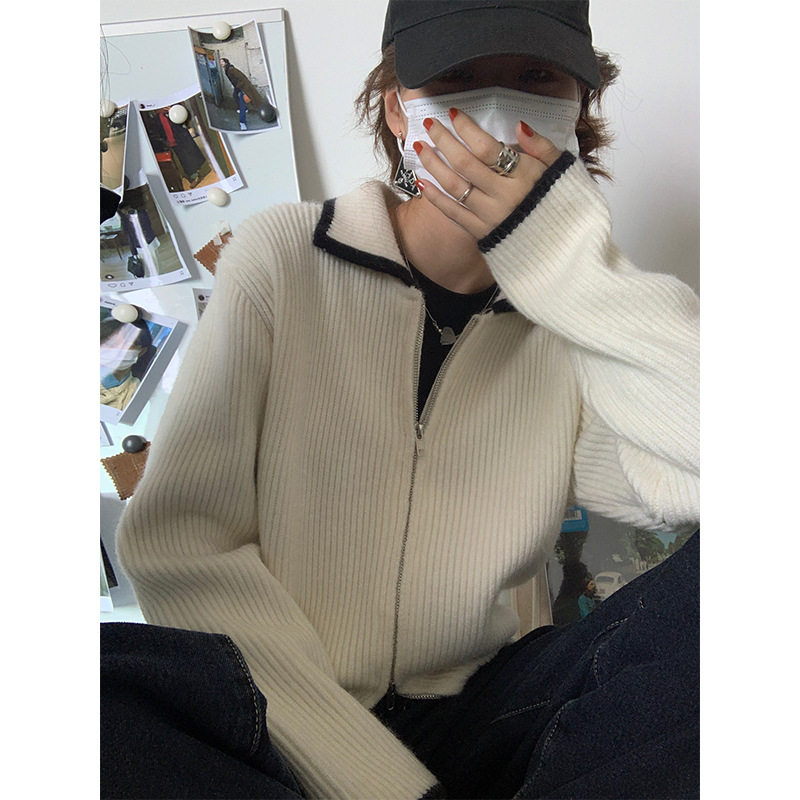 EAL羽迹毛衣外套开衫女楠涛宽松韩版时尚洋气撞色翻领拉链上衣