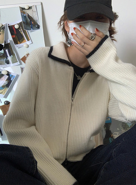 EAL羽迹毛衣外套开衫女楠涛宽松韩版时尚洋气撞色翻领拉链上衣