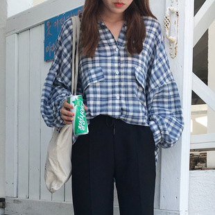 EAL羽迹秋季女装chic宽松BF格子衬衫长袖港味上衣韩范衬衣外套895