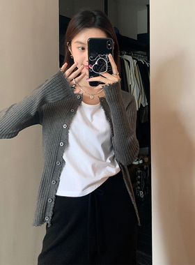 EAL楠涛毛边正肩外穿长袖针织开衫女2025秋冬修身内搭打底衫上衣