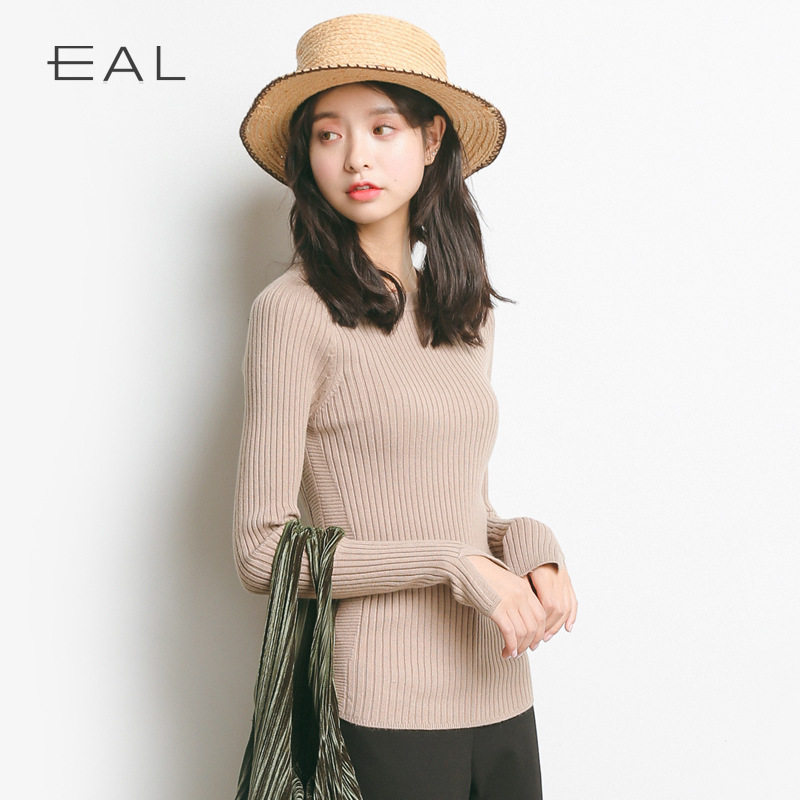 EAL羽迹春季纯色韩版套头圆领长袖针织打底衫修身毛衣女装M27