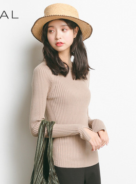 EAL羽迹春季纯色韩版套头圆领长袖针织打底衫修身毛衣女装M27