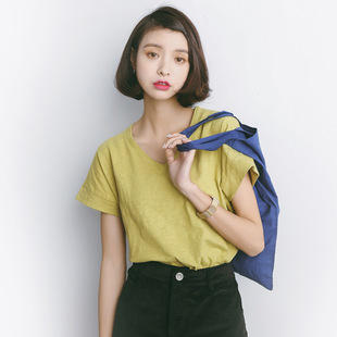 T恤棉女M352 宽松纯色上衣V领短袖 EAL羽迹2025新款 韩版