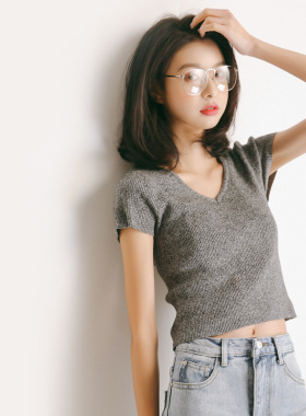 EAL羽迹夏季女装韩版chic风纯色V领短袖套头上衣T恤针织衫M392
