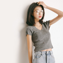EAL羽迹夏季女装韩版chic风纯色V领短袖套头上衣T恤针织衫M392