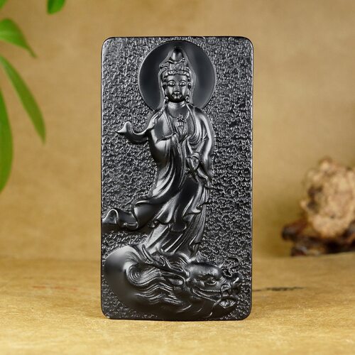 和田玉墨玉黑羊脂乘龙观音吊坠