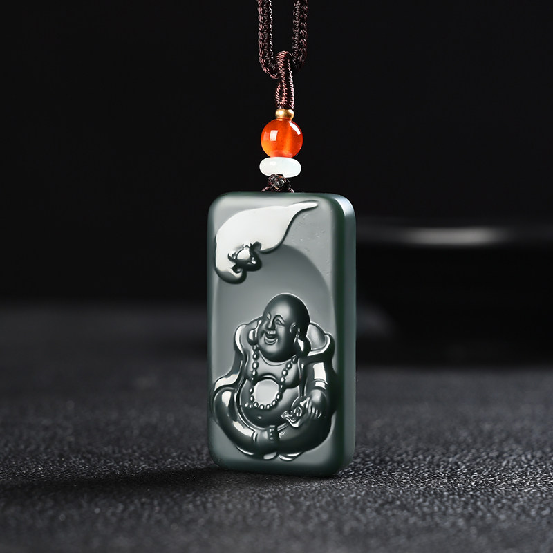 新疆和田玉塔青玉弥勒佛吊坠挂佛引福来福在眼前玉佩一级特细精雕