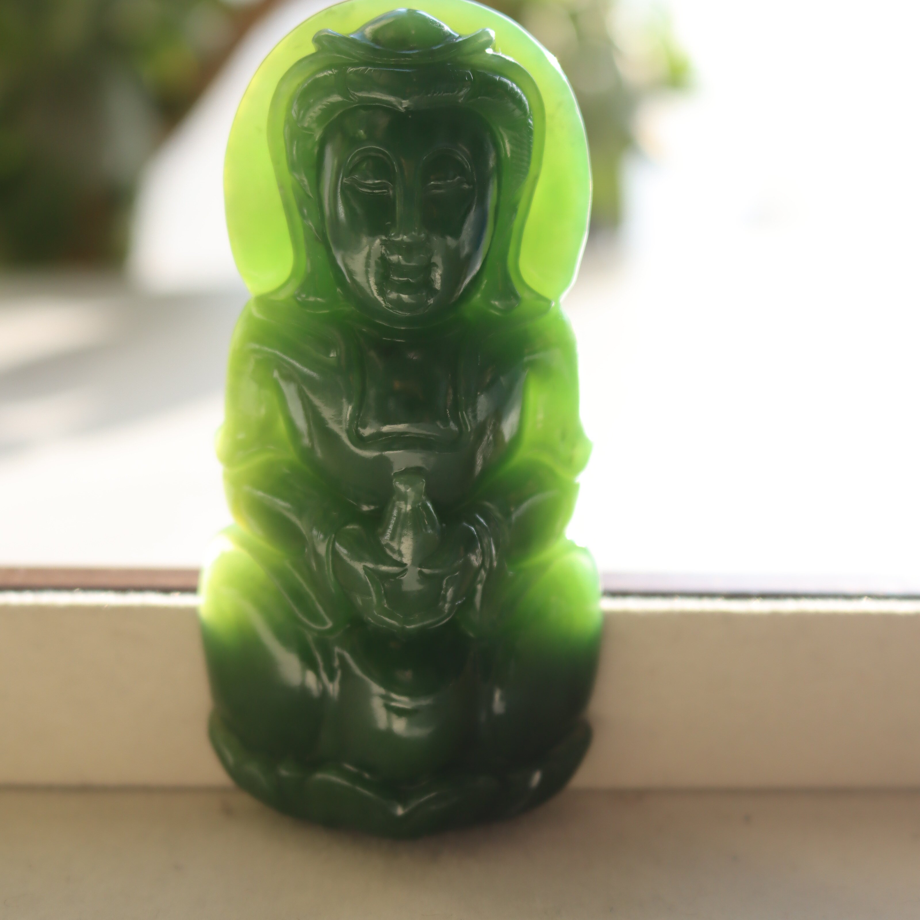 新疆和田玉碧玉菠菜绿观音吊坠挂件手玩件满绿男女款高档保真带证