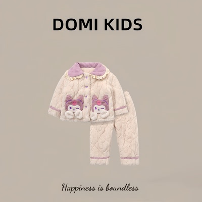 女童加绒睡衣冬季2025新款加厚法兰绒女孩超厚三层夹棉儿童家居服