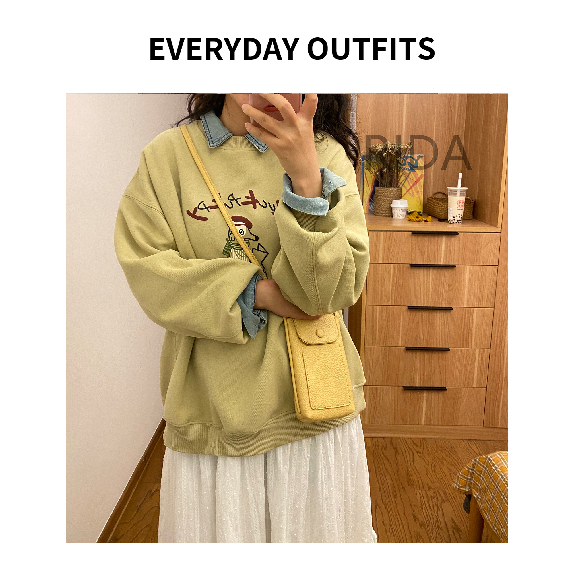 XH-日褡 看报小狗圆领卫衣5B22休闲百搭小众宽松纯色春季 58533