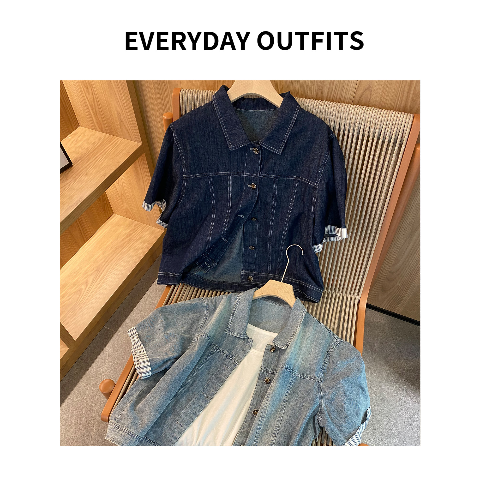 XH-HONG自在牛仔·拼色条纹卷边袖牛仔衬衫5D06休闲时尚百搭25016