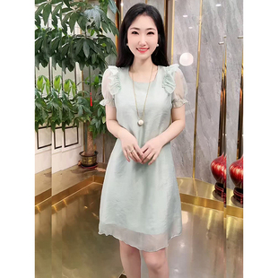 法式夏季新款薄纱短袖圆领连衣裙2026年荷叶边高腰显瘦小个子裙子