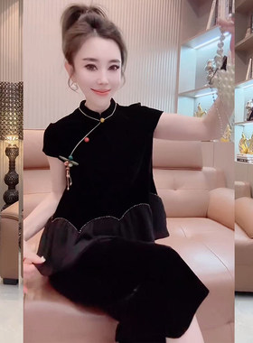 短袖上衣金丝绒休闲九分裤两件套