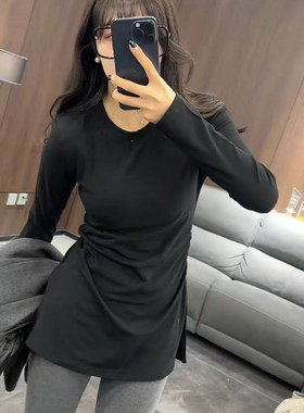 中长款开叉黑色长袖T恤女2026秋
