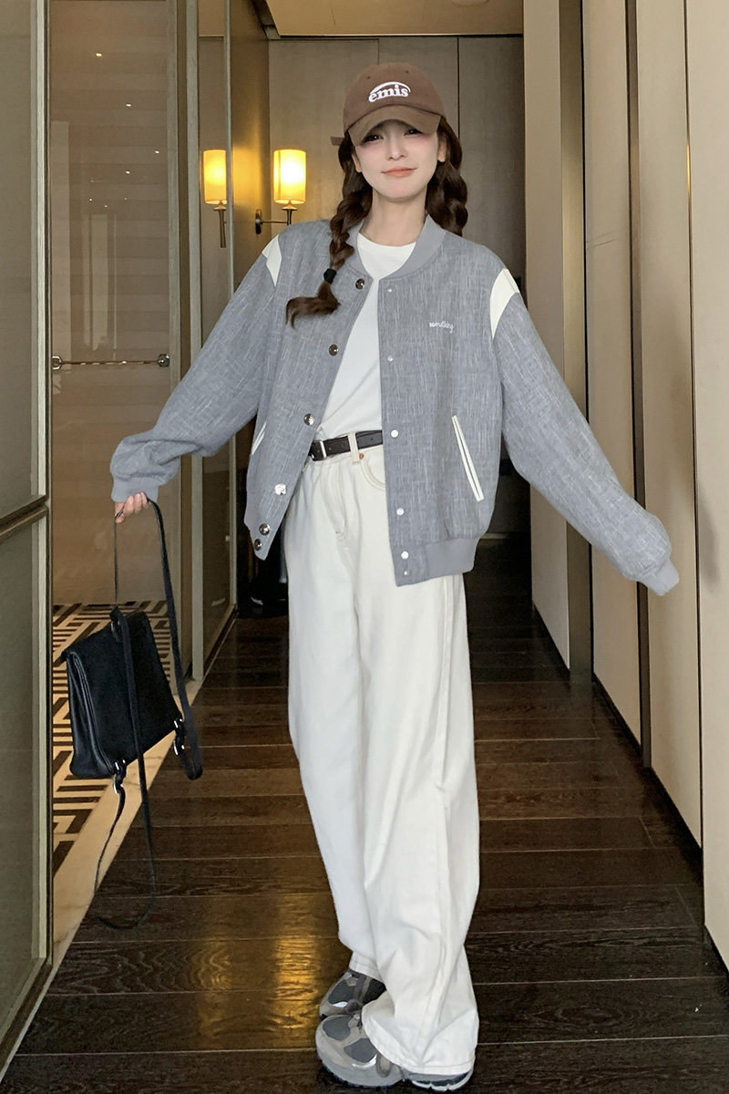 韩版时尚灰色棒球服外套女2025春秋季新款美式宽松显瘦设计感上衣,女装短外套,昱儿e优优