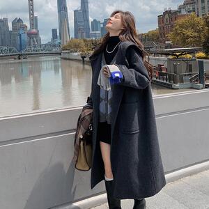 灰色双面羊绒大衣女秋冬新款加厚显瘦高级感气质连帽过膝毛呢外套图片