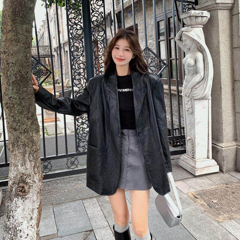 炸街黑色西装式皮衣外套女春秋2025新款pu皮西服又酷又飒，女装皮衣，昱儿e优优