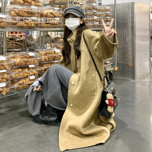 立领宽松双面羊绒大衣女2024冬新款高级收腰过膝中长韩系毛呢外套图片