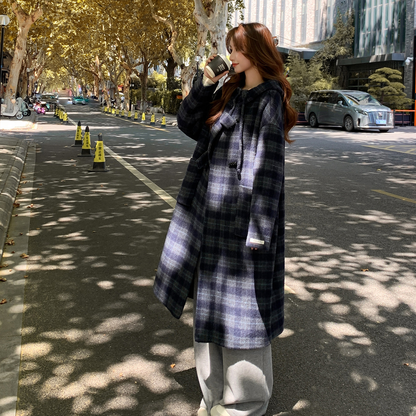 格纹连帽双面羊毛大衣女冬2025新款韩系学院风减龄长款毛呢外套潮,女装毛呢外套,昱儿e优优