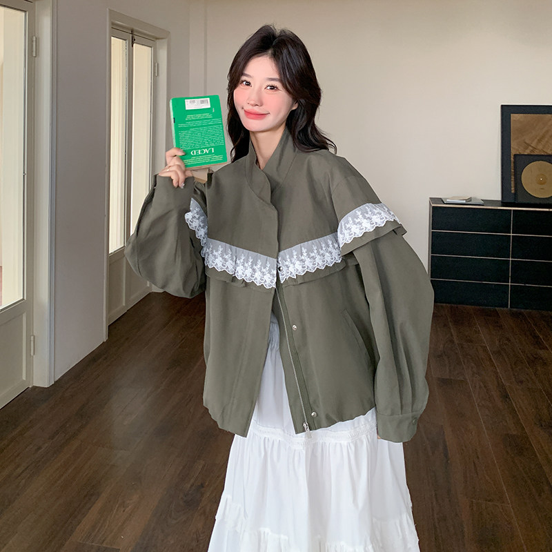 蕾丝拼接休闲短外套女2025春季新款设计感超好看宽松时尚夹克上衣,女装短外套,昱儿e优优