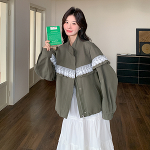 蕾丝拼接休闲短外套女2025春季新款设计感超好看宽松时尚夹克上衣图片