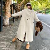 白色双面羊毛大衣女冬季新款韩系宽松加厚牛角扣连帽长款毛呢外套，女装毛呢外套，昱儿e优优