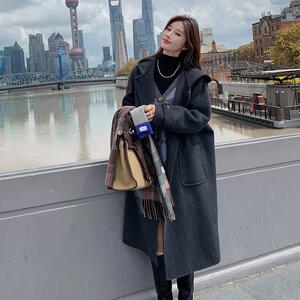灰色双面羊绒大衣女秋冬新款加厚显瘦高级感气质连帽过膝毛呢外套图片