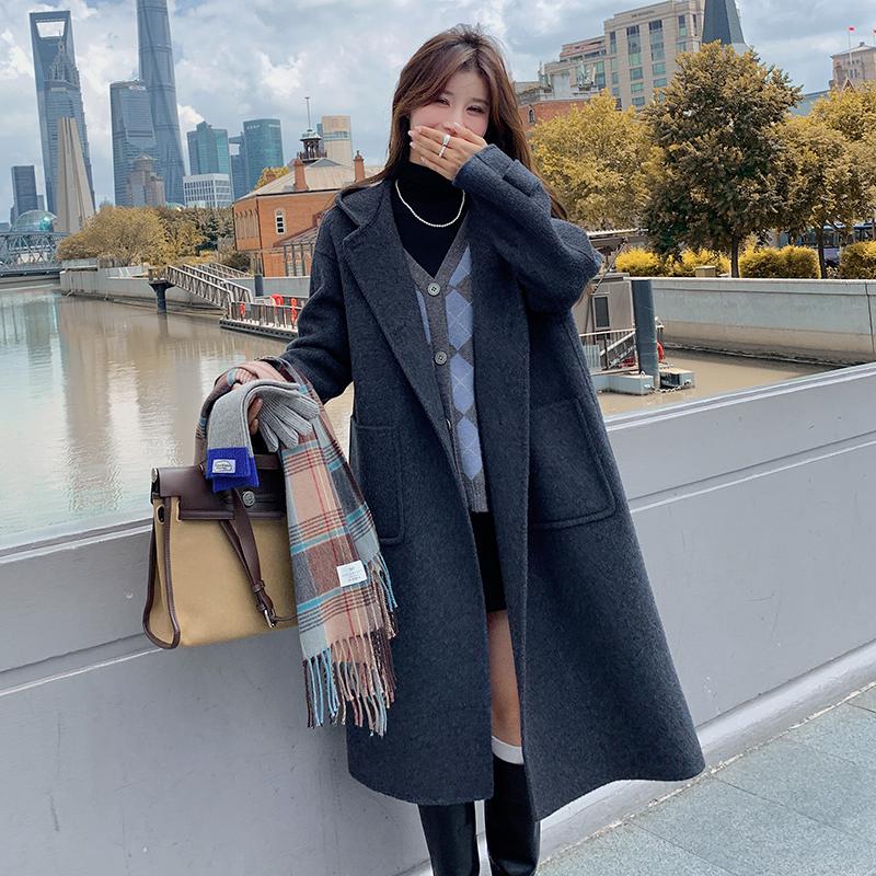 灰色双面羊绒大衣女秋冬新款加厚显瘦高级感气质连帽过膝毛呢外套,女装毛呢外套,昱儿e优优