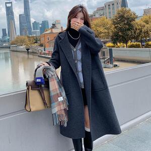 灰色双面羊绒大衣女秋冬新款加厚显瘦高级感气质连帽过膝毛呢外套图片