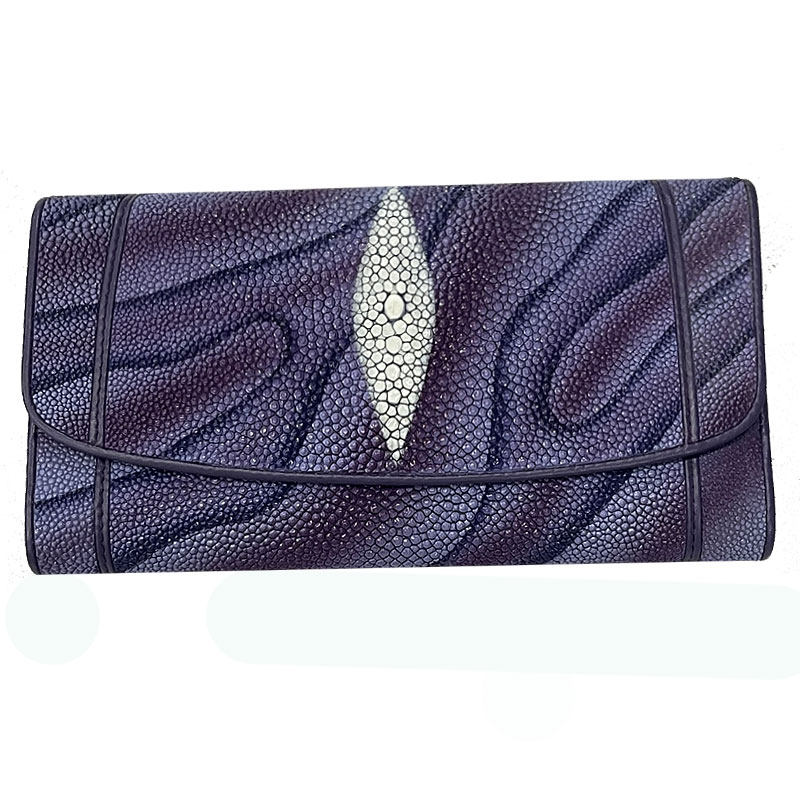 黄貂鱼魔鬼鱼珍珠鱼皮大颗粒彩色多色可选长款三折时尚钱包女士