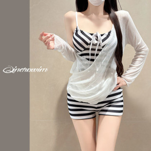 防晒复古条纹纯欲风性感泡 罩衫 2026比基尼泳衣女款 分体三件套长袖