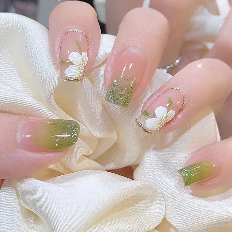 芭蕾风清新渐变绿色闪粉山茶花美