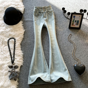 浅蓝色微喇牛仔裤女秋冬2025新款高腰设计感显瘦弹力小个子马蹄裤
