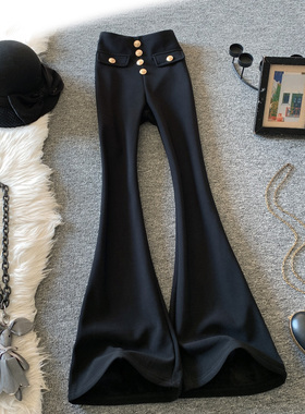 黑色微喇裤女秋冬新款高腰纽扣设计感显瘦修身拖地长裤垂感喇叭裤