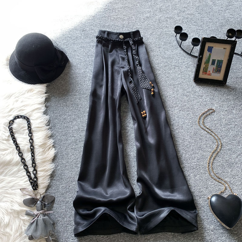 高腰垂感阔腿裤女春夏季缎面通勤黑色休闲裤显瘦慵懒风宽松直筒裤