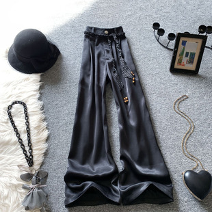 高腰垂感阔腿裤女春夏季缎面通勤黑色休闲裤显瘦慵懒风宽松直筒裤