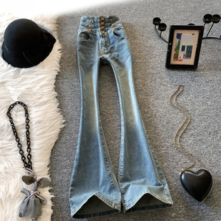 复古浅色蓝色高腰微喇牛仔裤女修身显瘦弹力2025春秋收腹喇叭长裤