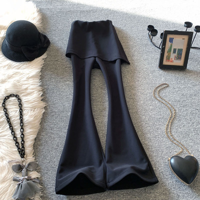 假两件屁帘黑色高腰显瘦微喇长裤