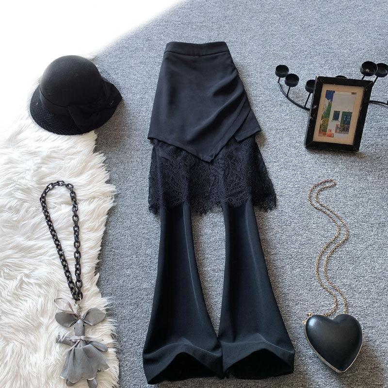 黑色高腰微喇裤女春季新款蕾丝拼接假两件显瘦垂感休闲西装长裤子