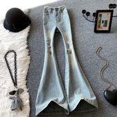 浅蓝色破洞大喇叭牛仔裤 显瘦高个子微喇裤 女夏季 复古高腰毛边修身