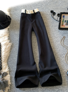 黑色窄版阔腿裤女秋冬季加绒设计感显瘦羊绒毛呢休闲拖地直筒裤子