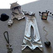 连帽卫衣阔腿裤 女春秋搭配一整套耳朵短款 两件套 套装 休闲运动时尚